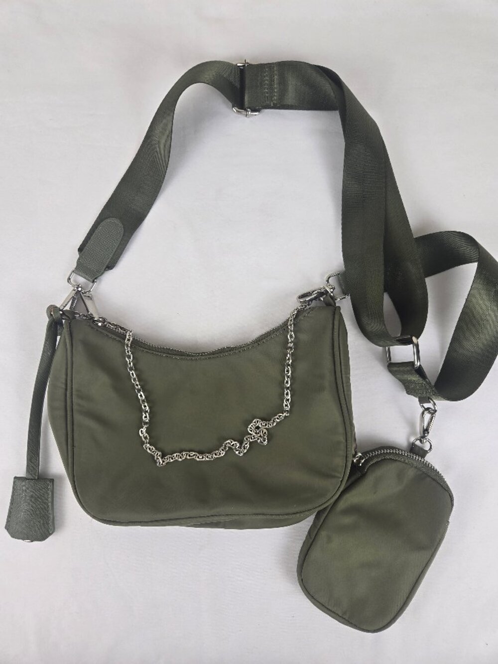 Olive Green NYlon Crossbody Bag Removable Pouch Canvas Adjustable Strap Chain - Picture 4 of 15